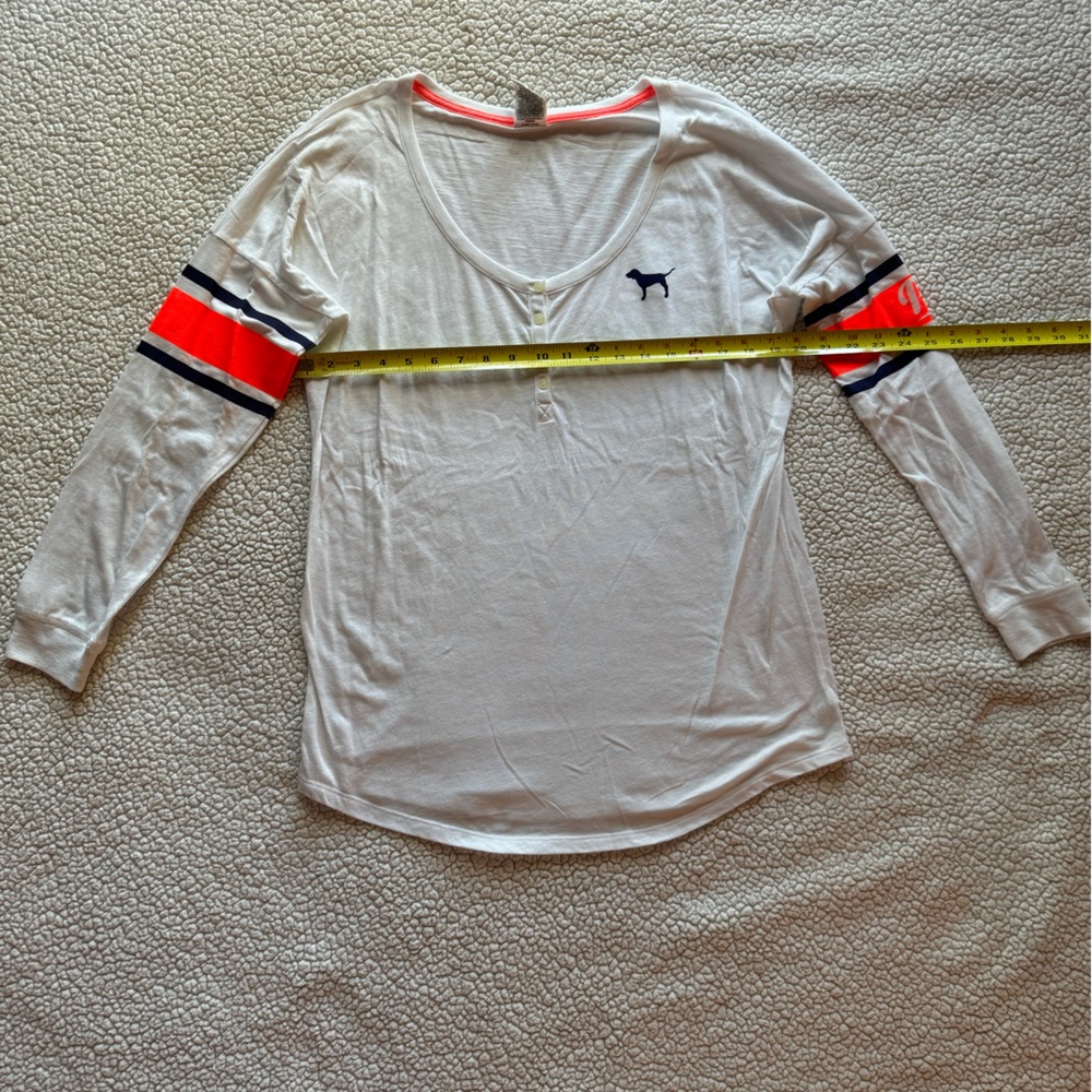 PINK Victoria's Secret White Henley Shirt with Neon orange and blue Trim